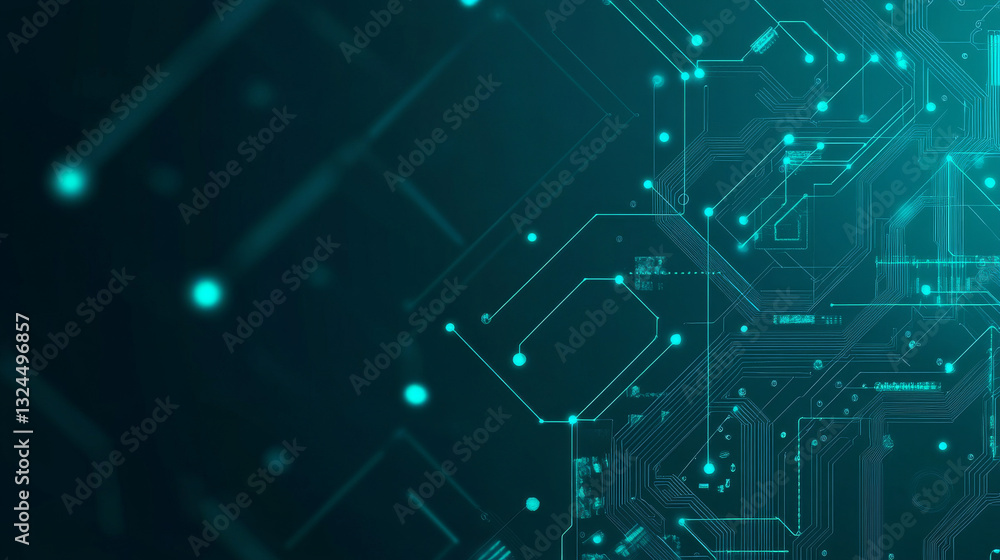 Poster horizontal technology banner. abstract tech blue-green background. ai chip or semiconductor in the c