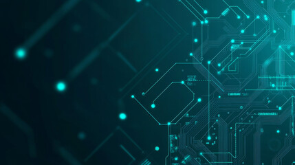 Horizontal technology banner. Abstract tech blue-green background. AI chip or semiconductor in the center of a circuit board. Digital bg. Data and information. Computers concept. Vector illustration.