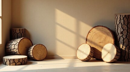 Warm Sunlight Illuminates a Collection of Rustic Wood Slices and Logs Arranged Artfully in a Minimalist Interior Setting