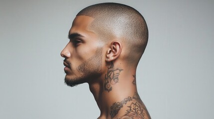 Bold modern buzz cut with intricate hair tattoos expressing style