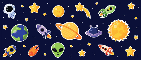 Set of space stikers isolated on dark blue cosmic background.Collection of icons: astronaut, planets, stars, alien, rocket, sun, comet,Earth, UFO, moon.Cartoon style. Flat design.Vector illustration.  © Anna