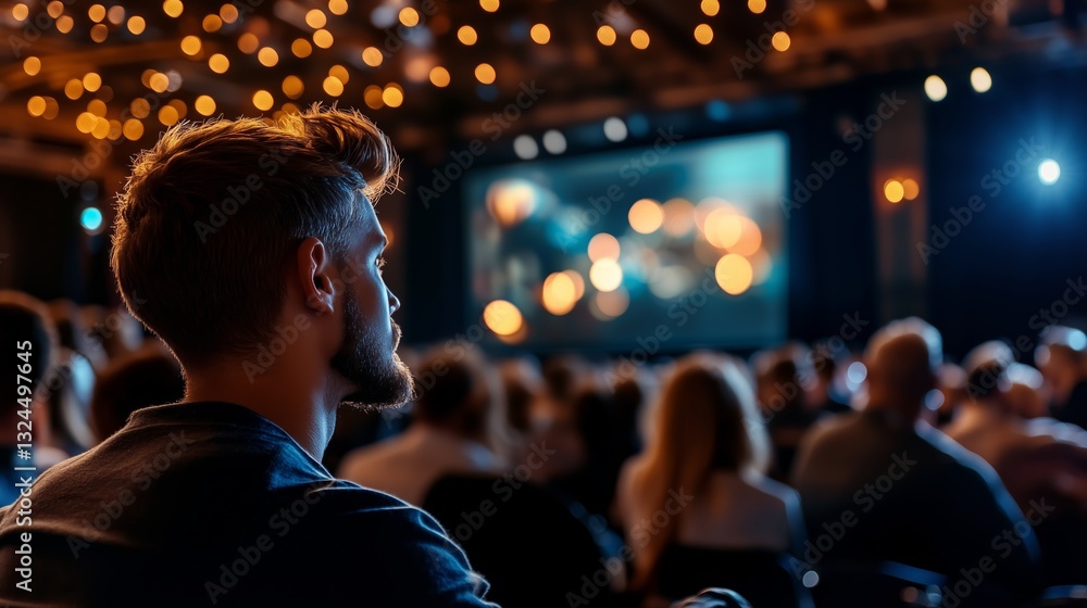 Poster audience enjoys captivating performance at evening event with warm lighting and large screen in back