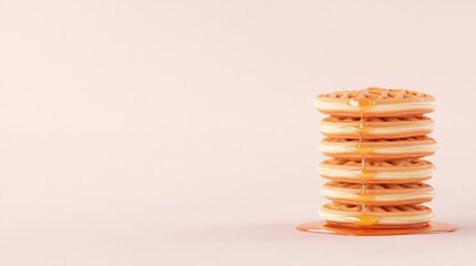 Levitation of Waffle Stack with Dripping Syrup on Soft Background