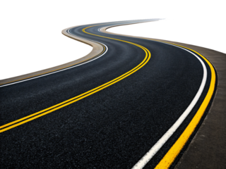 Curved Road PNG – Isolated Winding Highway with Yellow and White Markings on Transparent Background
