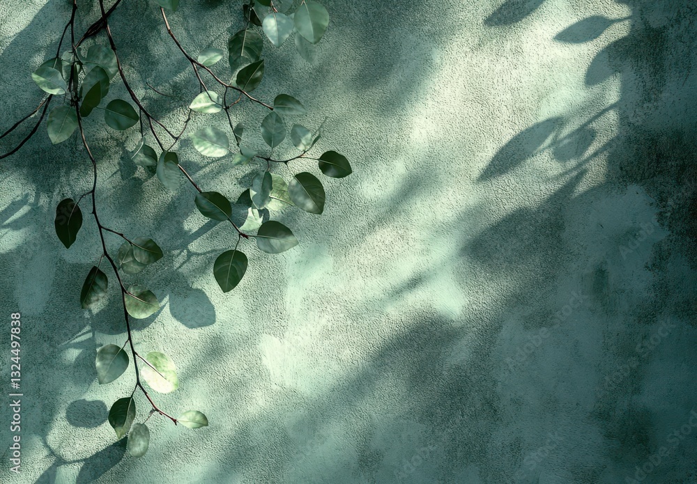 Poster delicate green leaves casting shadows on a soft textured wall with subtle hues and natural light cre