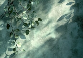 Delicate Green Leaves Casting Shadows on a Soft Textured Wall with Subtle Hues and Natural Light Creating a Serene and Tranquil Atmosphere