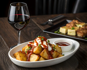 Gourmet Patatas Bravas with Creamy Aioli and Red Wine 
