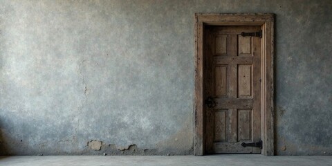 Rustic wooden door in aged concrete wall setting, showing texture and aged details of both the door and the wall.