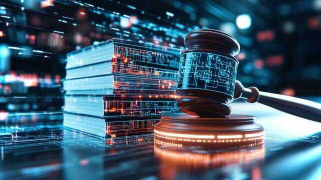 Conceptual representation of law and justice with digital elements in a modern court environment