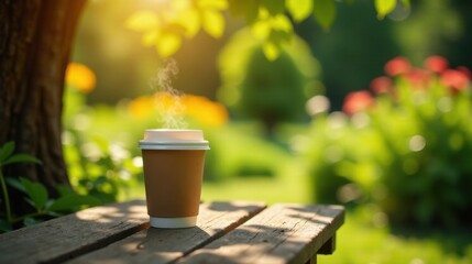 A steaming cup of coffee rests on a rustic wooden bench, bathed in the warm glow of morning sunlight filtering through lush green foliage