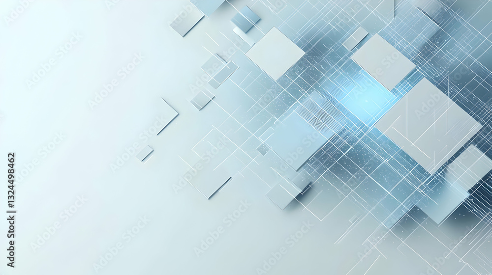 Poster abstract 3d render of interconnected white squares with blue lights symbolizing digital network and 