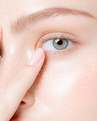 Close-up of a person's eye with a finger pointing towards it, surrounded by a shimmering effect.