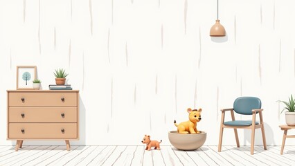 Chic scandinavian interior for children features stylish wooden dresser, cute toy animals, modern furniture, light, airy aesthetic. Concept highlights this unique design style for kids.