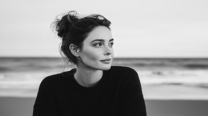 Beach woman with messy bun in relaxed mood scene