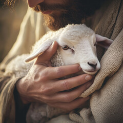 Tender Closeup of Jesus Christ's Hands Holding a Gentle Lamb