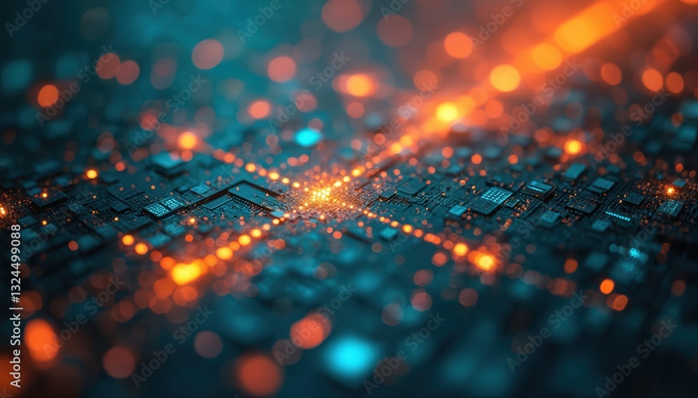 Poster Close-up of tech motherboard with vibrant orange, blue bokeh lights. Complex electronic micro scheme, digital computer components backdrop. Futuristic technology circuit board, tech innovation,