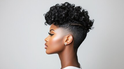 Stylish young woman with trendy hairstyle in modern setting