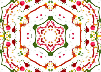 A drawing created with drops of watercolor paint of different shades and repeated several times in the GIMP photo editor. The kaleidoscope tool was used.