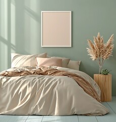 Bedroom mockup Beige bed, poster frame, sunlight. Plants cast shadows for use as product template