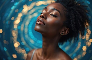 Dreamy portrait of black woman with closed eyes enjoying spiritual transformation, energy, calm. Mature meditating female in serenity, cohesion, wellness, Euphoria. Healing light, awe in nature