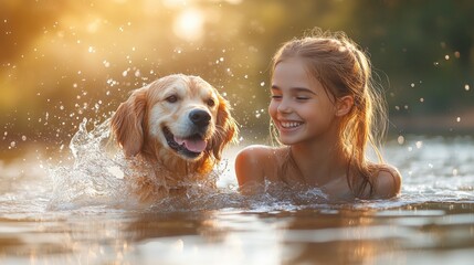 Joyful Swim: A young girl and her golden retriever are splashing and swimming in the clear water of a lake, radiating happiness and the joy of companionship. capturing a perfect summer day.