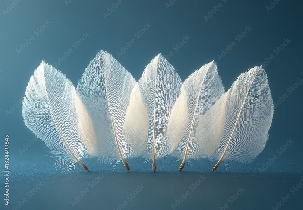 Poster delicate white feathers arranged in a line against a soft blue background with gentle light and shad