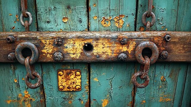 Weathered wooden door with rusty chains and lock, showcasing age and character