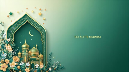 Eid Al-Fitr Mubarak with Mosque and Floral Design on Green Background