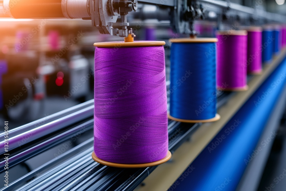 Poster industrial sewing machine processing colorful spools of thread in textile factory