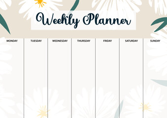 Weekly planner page for printing. A4 size. Planner page with florals.
