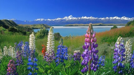 Fototapeta premium Beautiful colorful wild flowers with snow mountain in Spring.