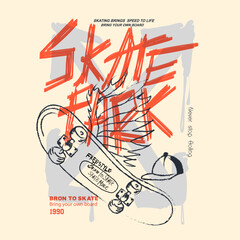 Skate park graphics. Skater graff text print design. urban skate artwork. hand drawn font. skate t shirt design. calligraphy skate prints. hand writing font. Skater with skateboard. text with skating. © sumonsharif