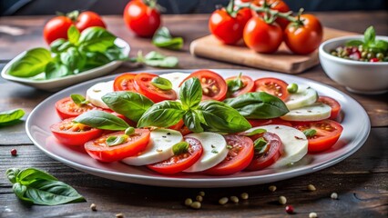 A side shot of Caprese salad with vibrant red tomatoes, mozzarella, and basil, served on a white ceramic plate, with empty space for promotional text