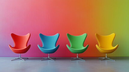 Dynamic Colorful Chair Arrangement Against Gradient Wall Backdrop
