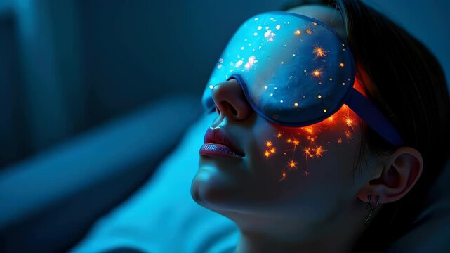 Woman wearing a futuristic sleeping mask with glowing orange neon particles, representing advanced sleep technology. Concept of: smart wearables, AI-assisted sleep, future gadgets, relaxation, biohack