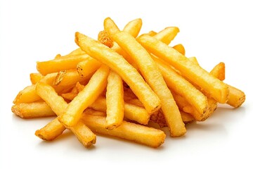 A vibrant pile of golden crispy French fries on a clean white background, ideal for food advertising
