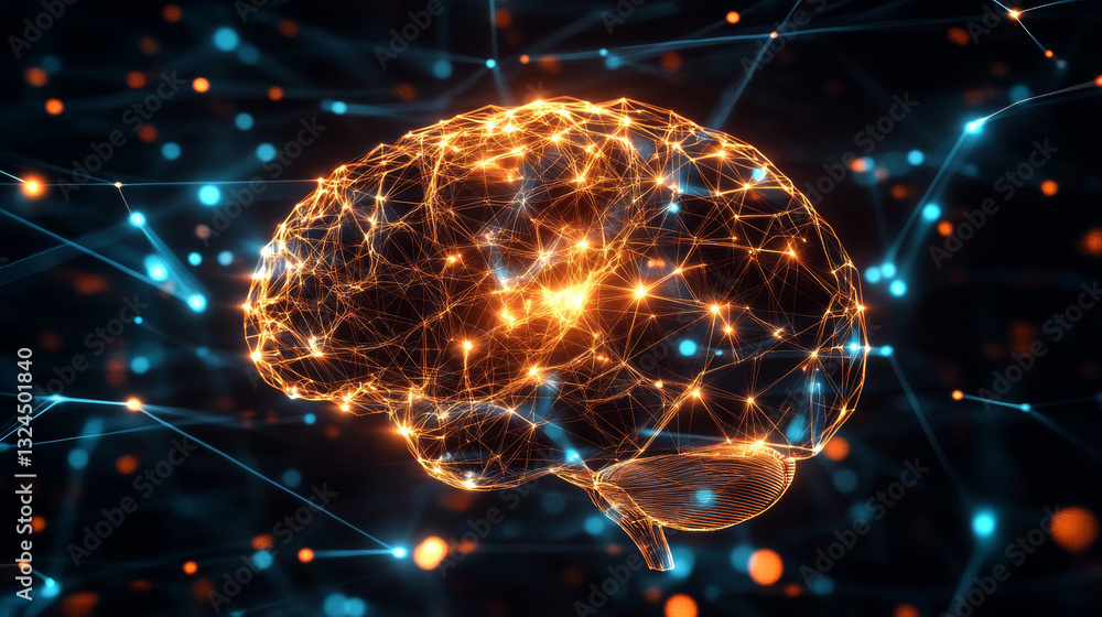 Poster polygonal human brain. the concept consists of polygons with luminous nodes at the intersections of 