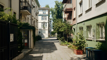 Fototapeta premium Narrow Stone Paved Alleyway Between Residential Buildings with Green Vegetation and Blue Trash Bins Under Sunny Sky