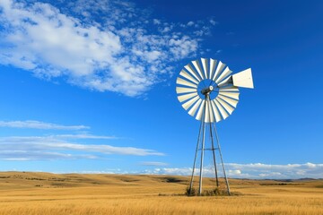 Wide prairie with a lone windmill spinning slowly, golden grass stretching under a vast summer sky, timeless in a rural landscape moment