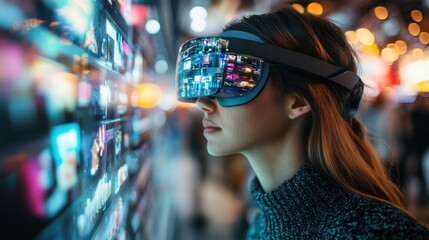 Woman wearing VR headset, looking at interactive display wall.