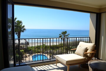 Cozy hotel room with a balcony view of the ocean and beach