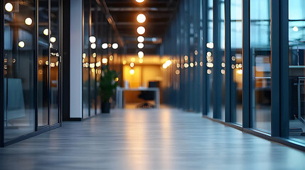 Illuminated Modern Office Hallway With Glass Partitions and Wooden Floor in Warm Evening Light