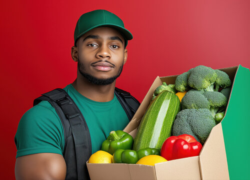 young man holding a bag of vegetables