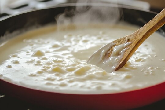 Creamy sauce being stirred in a red frying pan, steam rising in a cozy kitchen setting