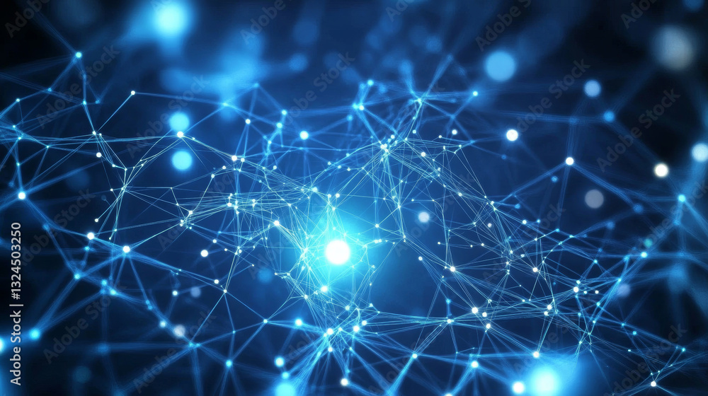 Poster glowing light blue neon ai chip with thin circuit contact lines. ai chip on technology background. f