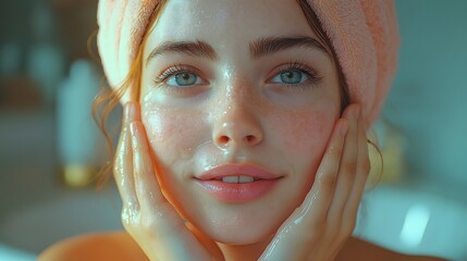 Young Woman Beauty Portrait with Headwrap, Soft Lighting, Natural Makeup, Glowing Skin, Touching Face, Clean Beauty, Blue Eyes, Skincare Concept, Spa Treatment, Wellness