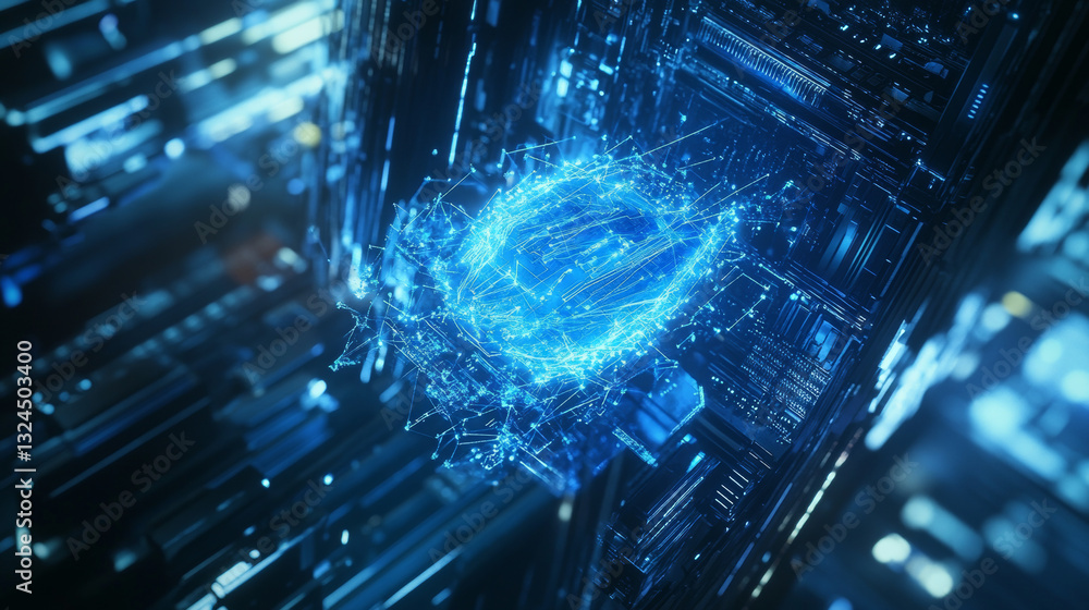 Aufkleber glowing light blue neon ai chip with thin circuit contact lines. ai chip on technology background. f