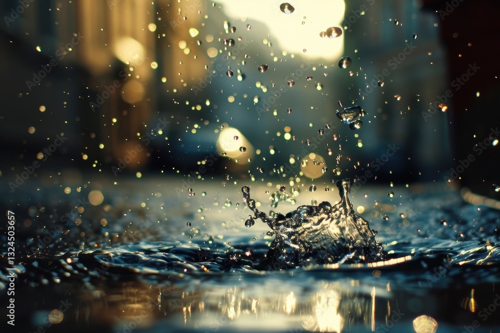 Poster water droplets cascade down a surface illuminated by soft light, creating a captivating display of r