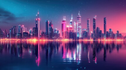 Fototapeta premium Futuristic city skyline at night with neon lights reflecting in the water.