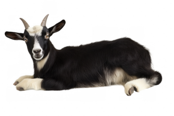 A charming black and white goat lying down, exuding a playful and friendly demeanor. Isolated on a transparent background.